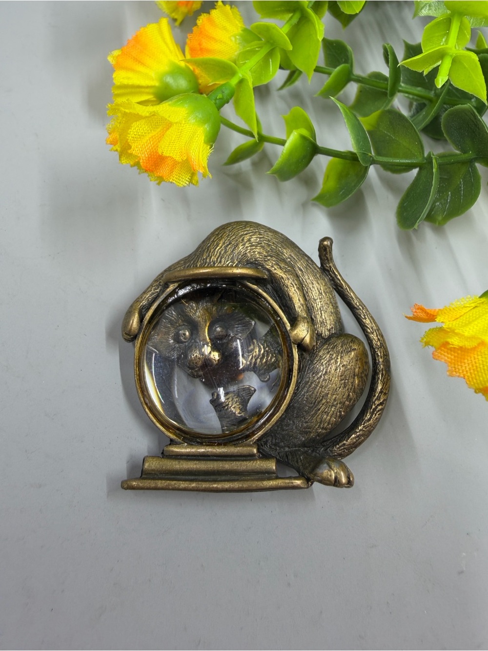 JJ Signed Adorable Cat Looking into Fishbowl Vintage Brass Toned Brooch